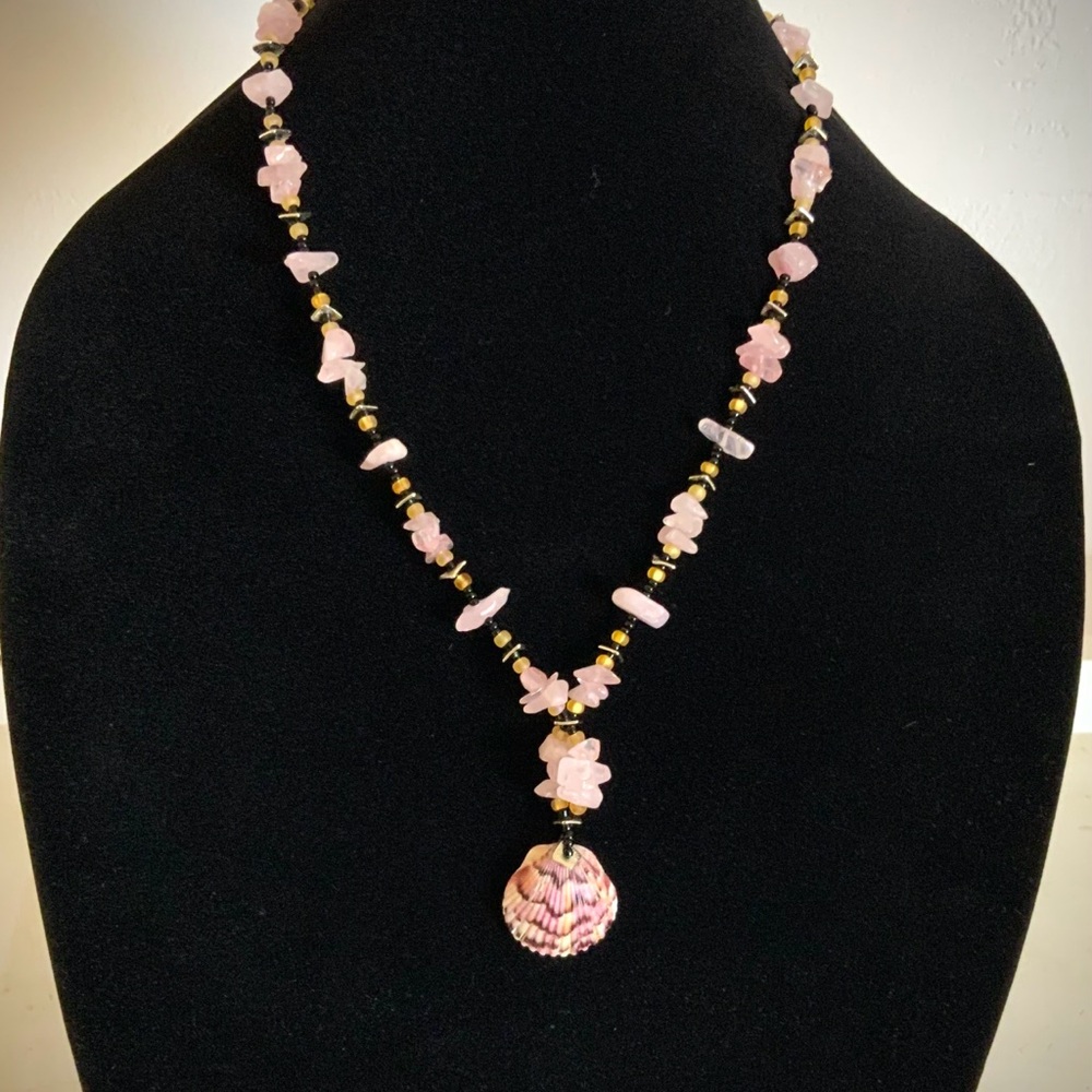 Original design:  Girls Night Out Red Wine Calico Scallop Shell with Rose Quartz